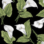 Black fabric with large, realistic white calla lilies and green leaves tossed throughout