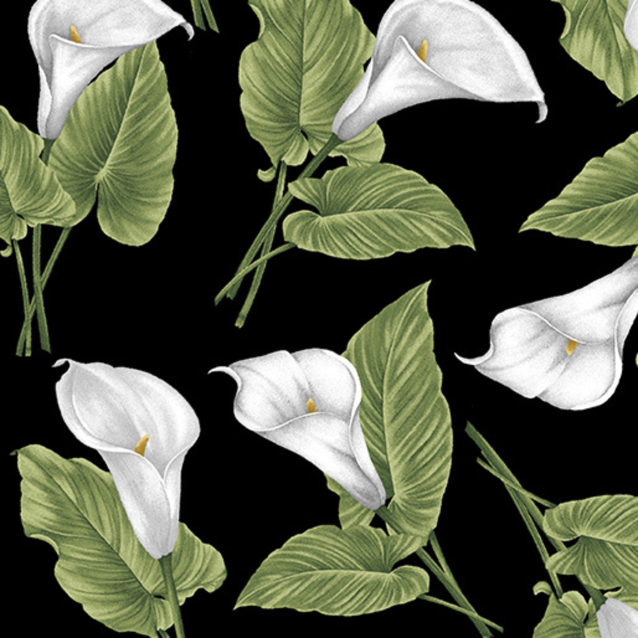 Black fabric with large, realistic white calla lilies and green leaves tossed throughout