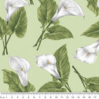 Sage fabric with large, realistic white calla lilies and green leaves tossed throughout