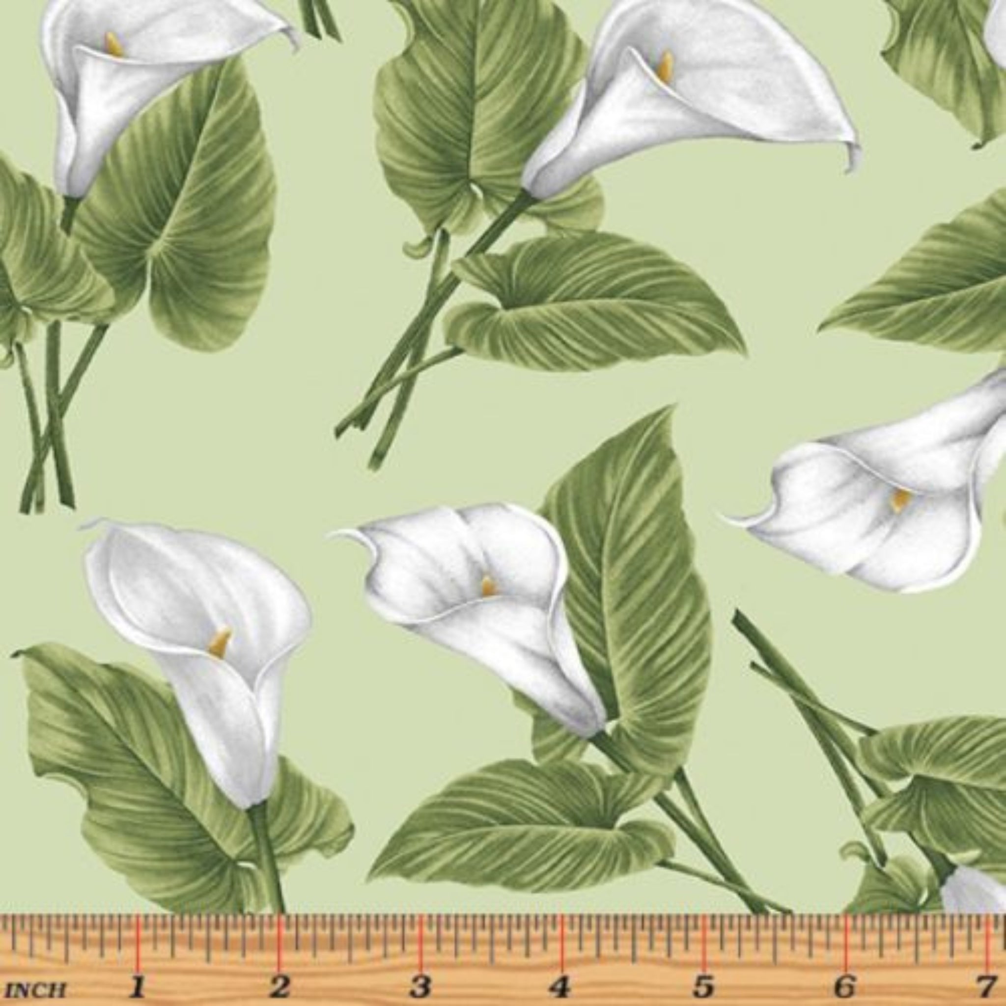Sage fabric with large, realistic white calla lilies and green leaves tossed throughout