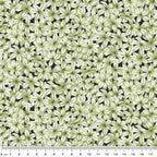 Tonal sage green fabric with a dense, all-over pattern of small hyacinth flowers on black
