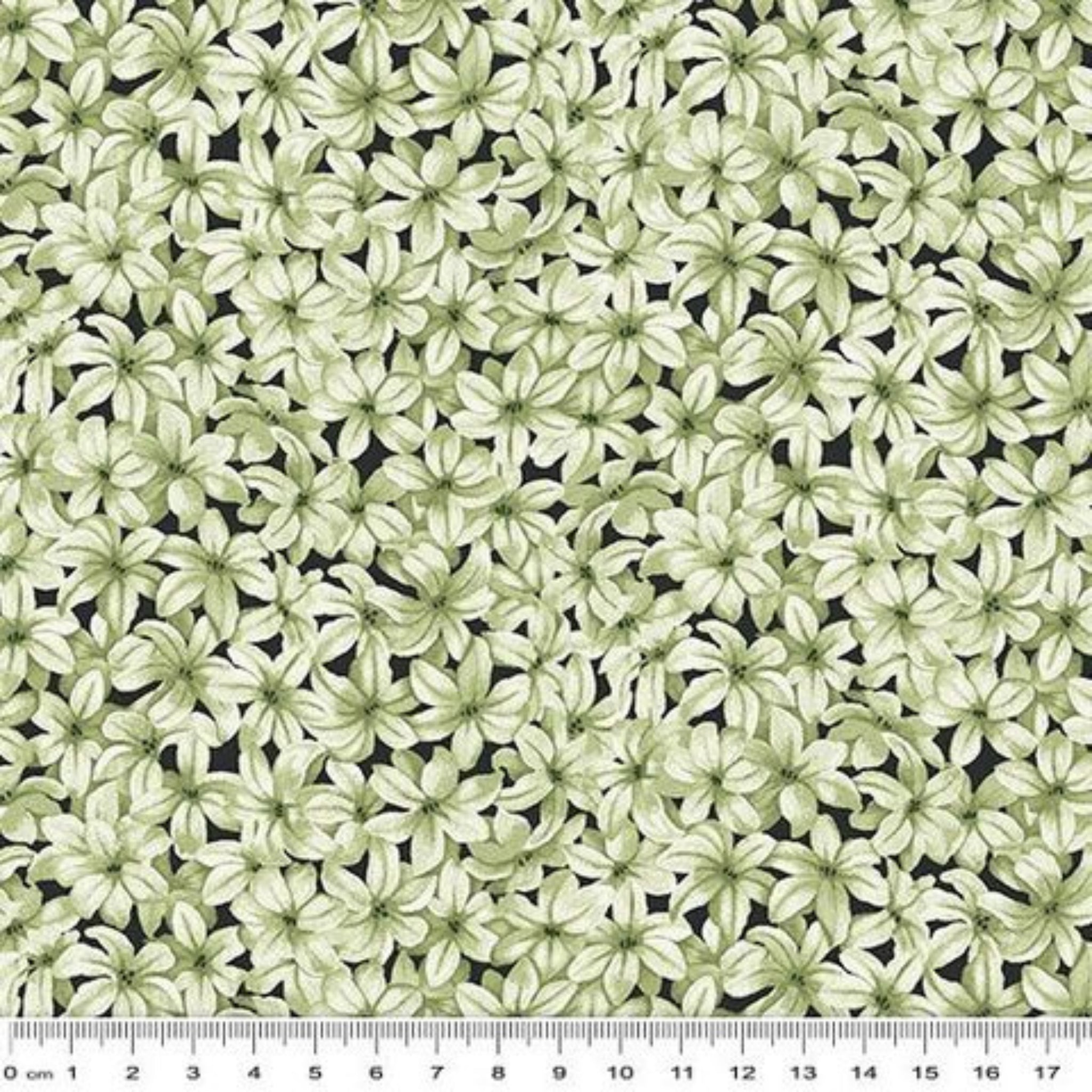 Tonal sage green fabric with a dense, all-over pattern of small hyacinth flowers on black