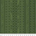 Tonal green fabric with vertical stripes of scrollwork and textured patterns