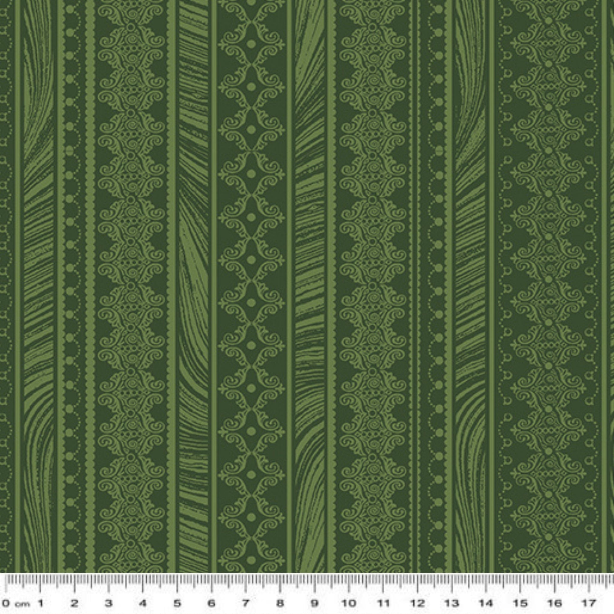 Tonal green fabric with vertical stripes of scrollwork and textured patterns
