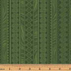 Tonal green fabric with vertical stripes of scrollwork and textured patterns