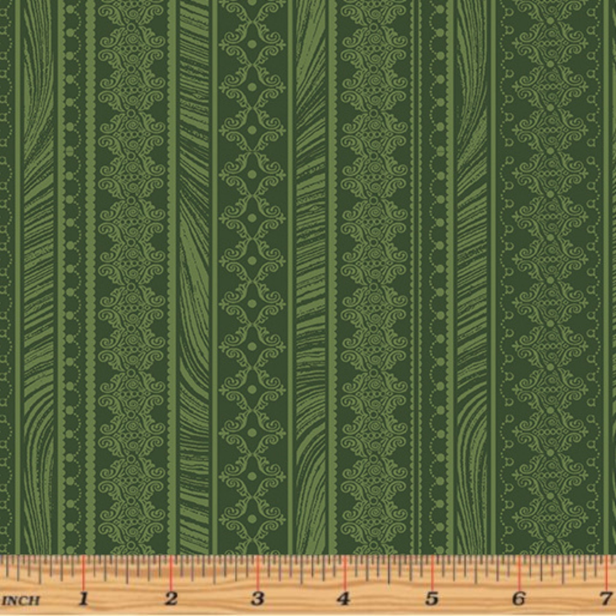 Tonal green fabric with vertical stripes of scrollwork and textured patterns