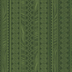 Tonal green fabric with vertical stripes of scrollwork and textured patterns