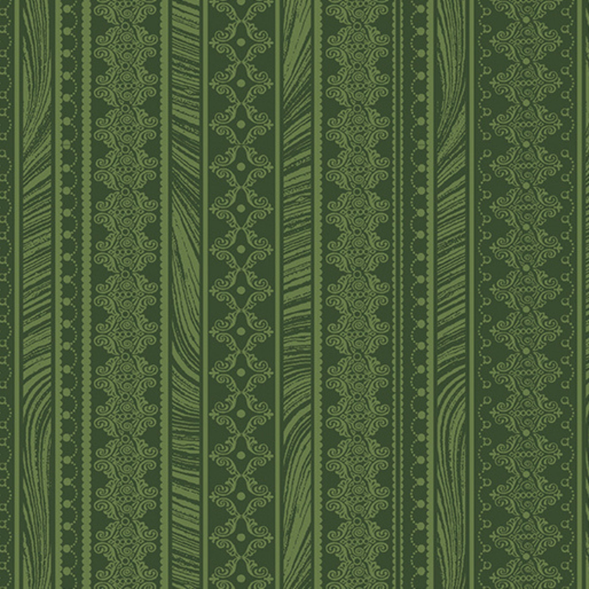 Tonal green fabric with vertical stripes of scrollwork and textured patterns