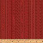 Tonal red fabric with vertical stripes of scrollwork and textured patterns