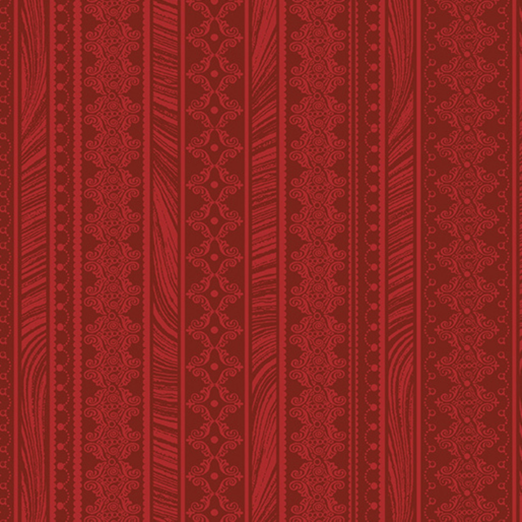 Tonal red fabric with vertical stripes of scrollwork and textured patterns