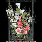 Black fabric panel with a framed bouquet of white calla lilies and pink roses in the centre