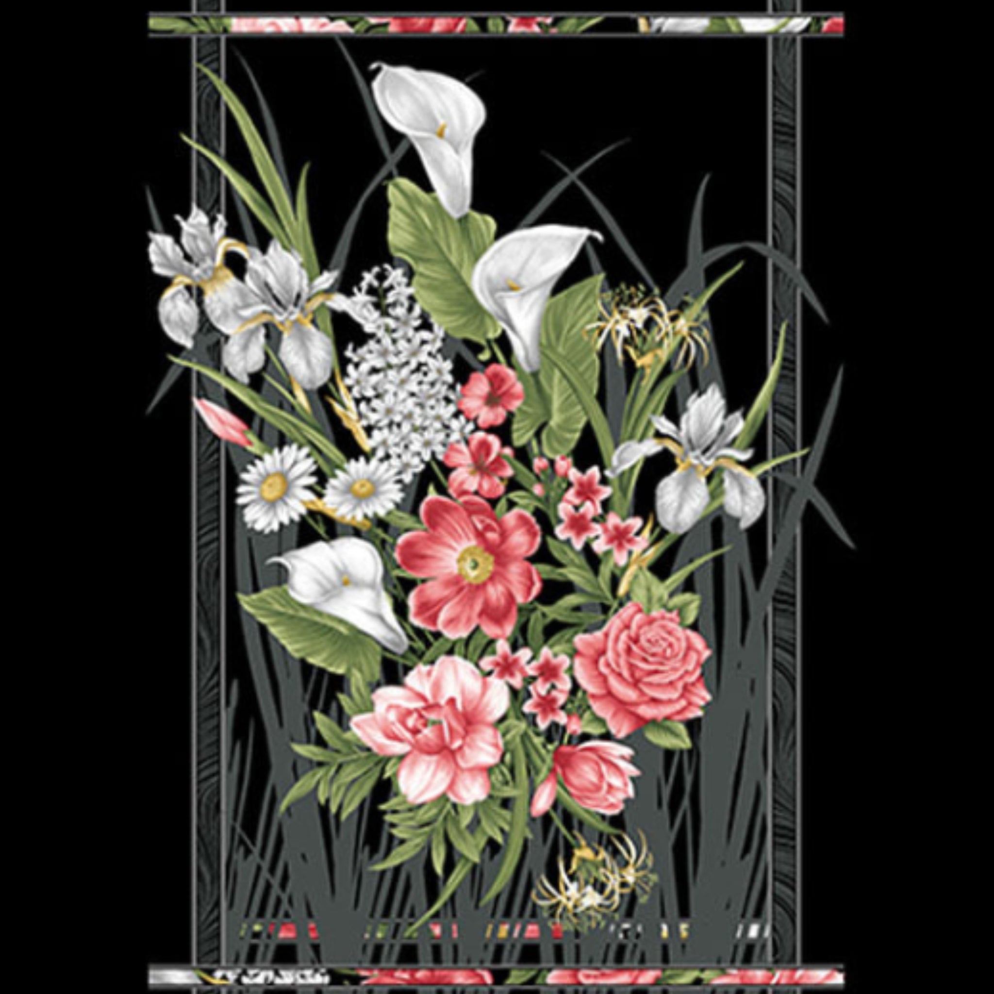 Black fabric panel with a framed bouquet of white calla lilies and pink roses in the centre