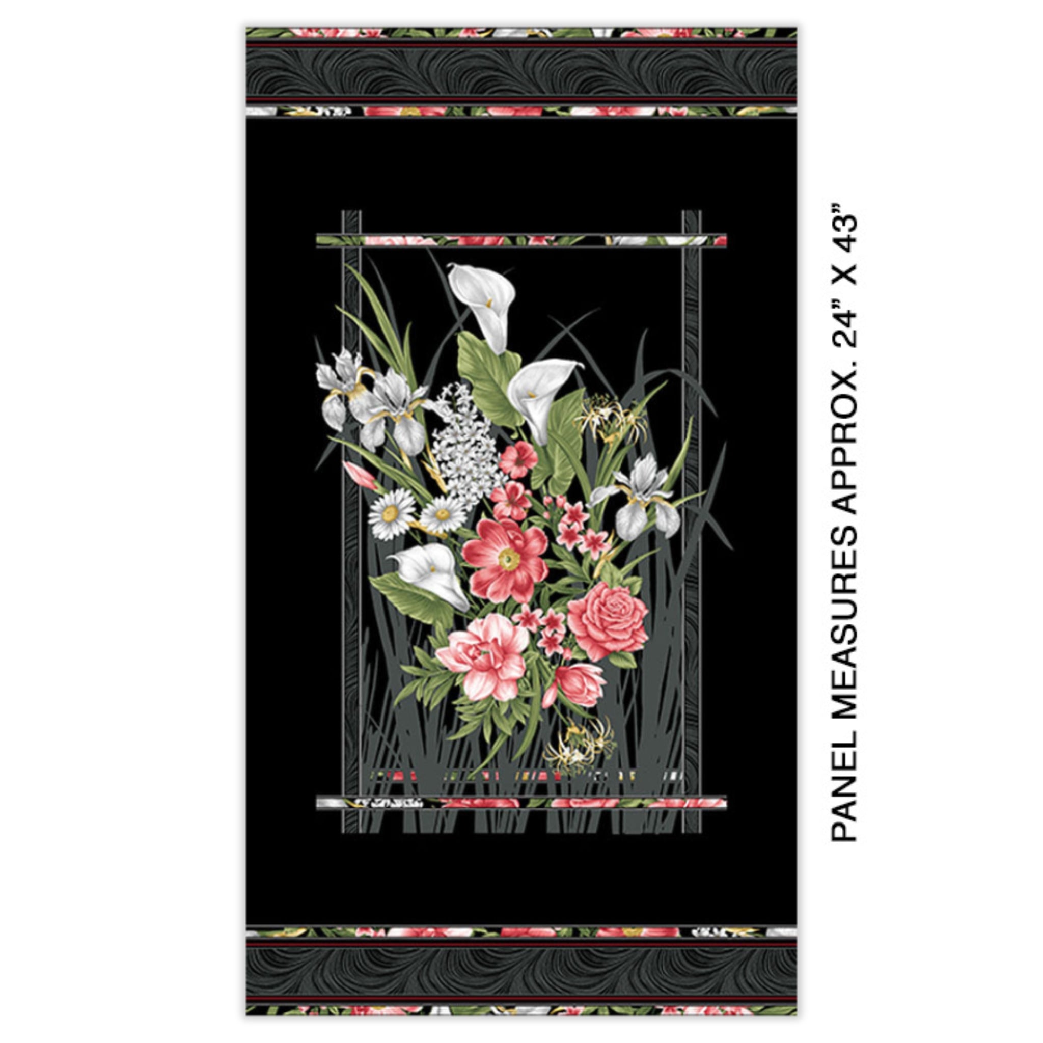 Black fabric panel with a framed bouquet of white calla lilies and pink roses in the centre