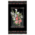Black fabric panel with a framed bouquet of white calla lilies and pink roses in the centre