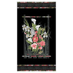 Black fabric panel with a framed bouquet of white calla lilies and pink roses in the centre