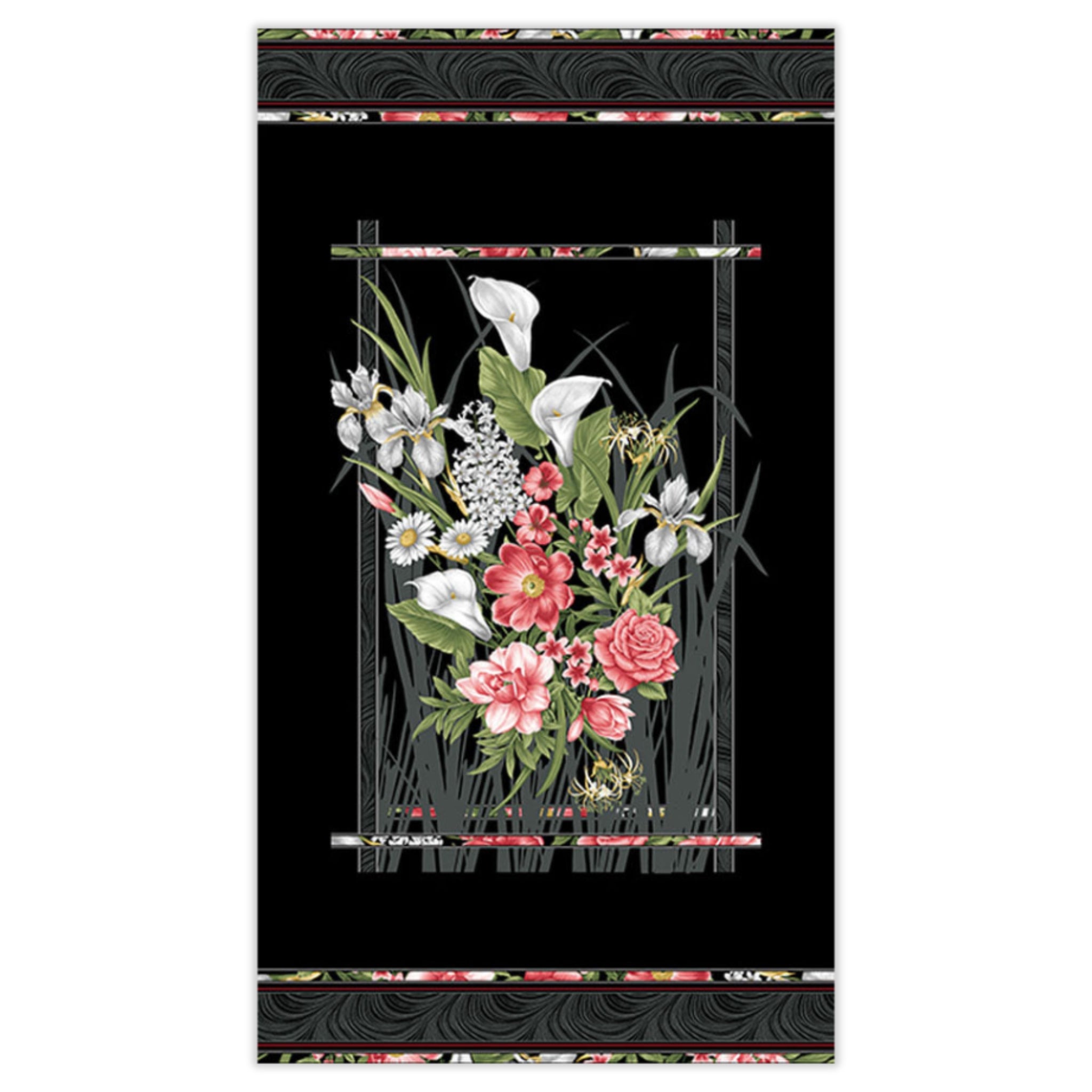 Black fabric panel with a framed bouquet of white calla lilies and pink roses in the centre