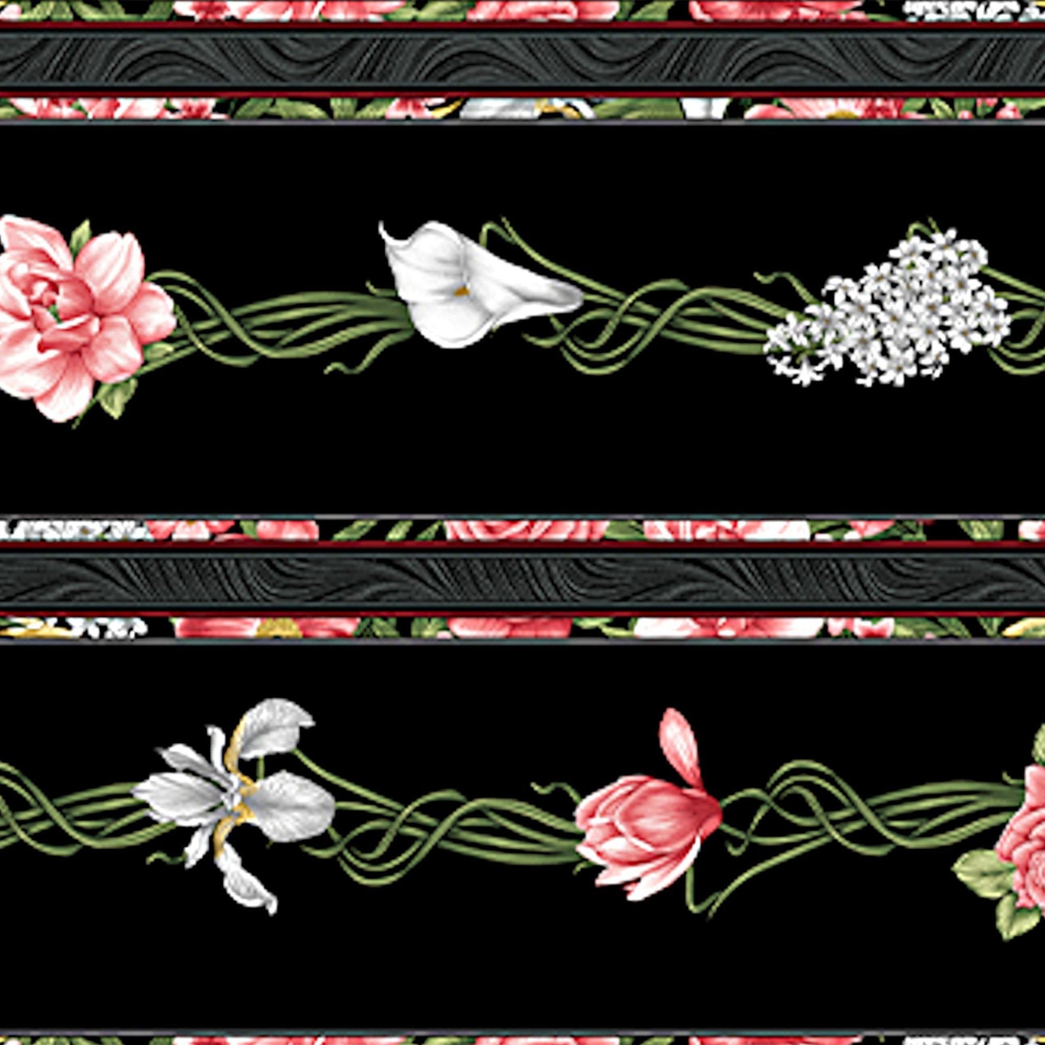 Black fabric with bold horizontal stripes of pink and white flowers, including calla lilies