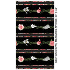 Black fabric with bold horizontal stripes of pink and white flowers, including calla lilies