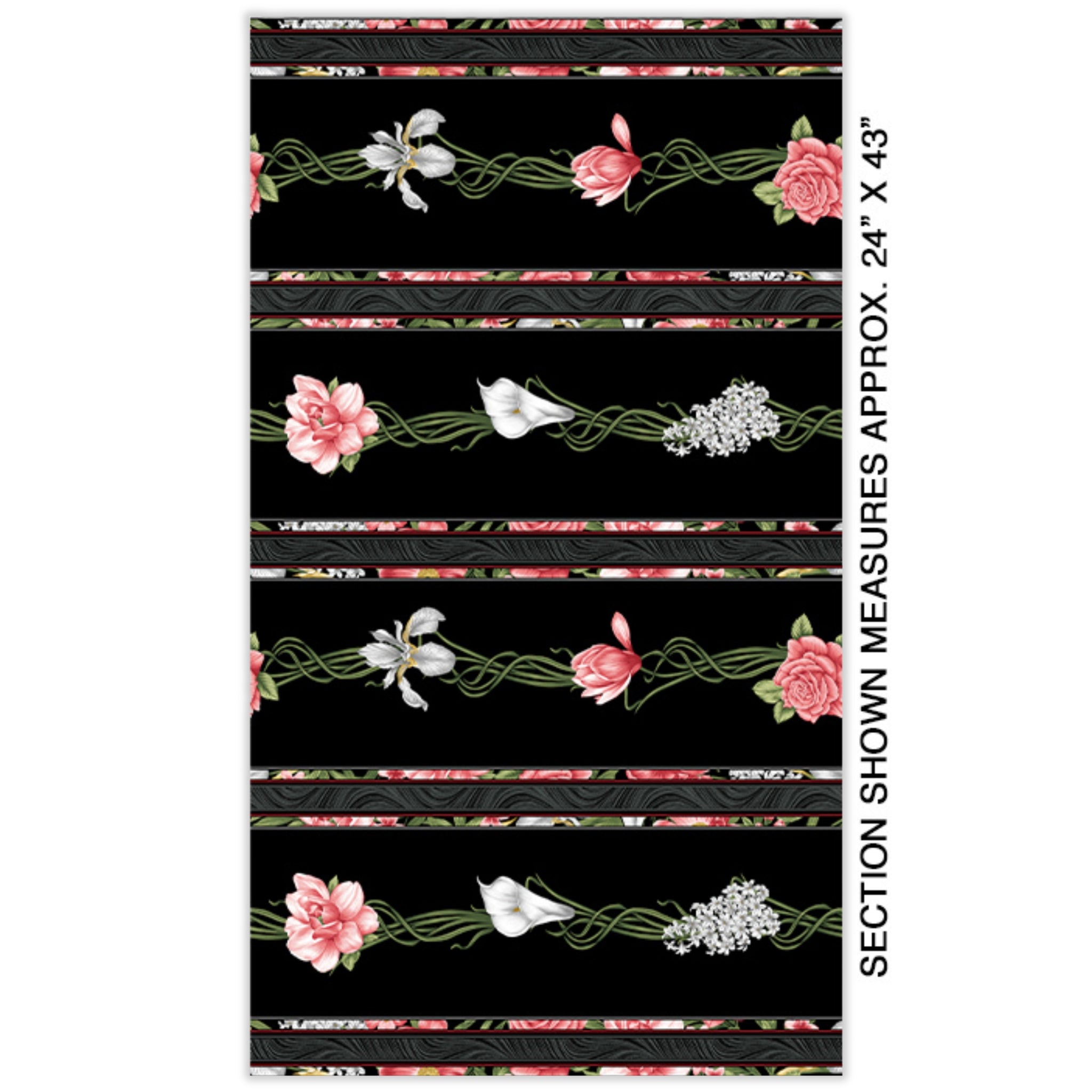 Black fabric with bold horizontal stripes of pink and white flowers, including calla lilies