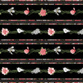 Black fabric with bold horizontal stripes of pink and white flowers, including calla lilies