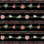 Black fabric with bold horizontal stripes of pink and white flowers, including calla lilies