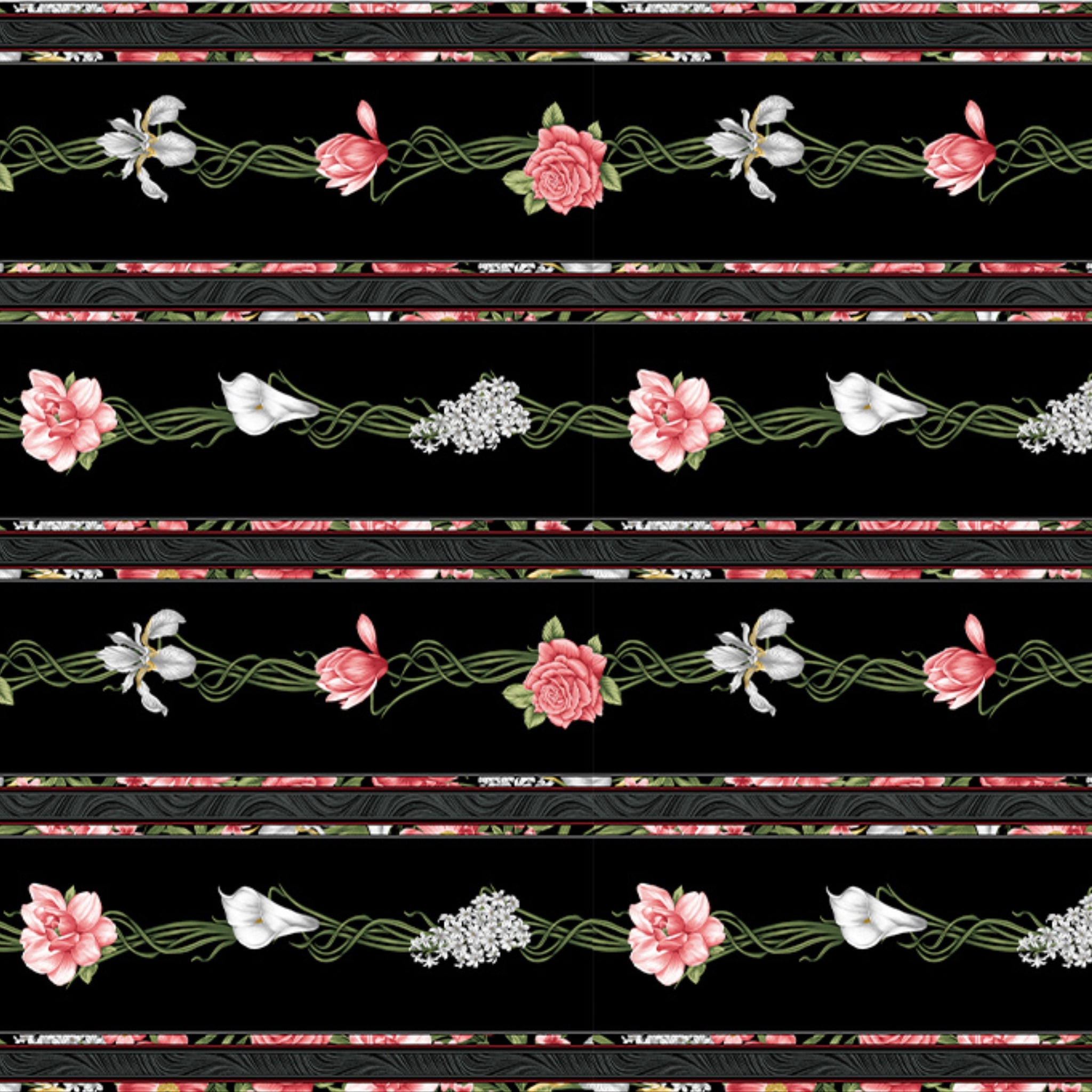 Black fabric with bold horizontal stripes of pink and white flowers, including calla lilies