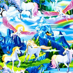 White unicorn pink pegasus fantasy landscape blue mountains waterfalls cherry blossom rainbows butterflies multicolour fabric for girls quilts and kids sewing projects