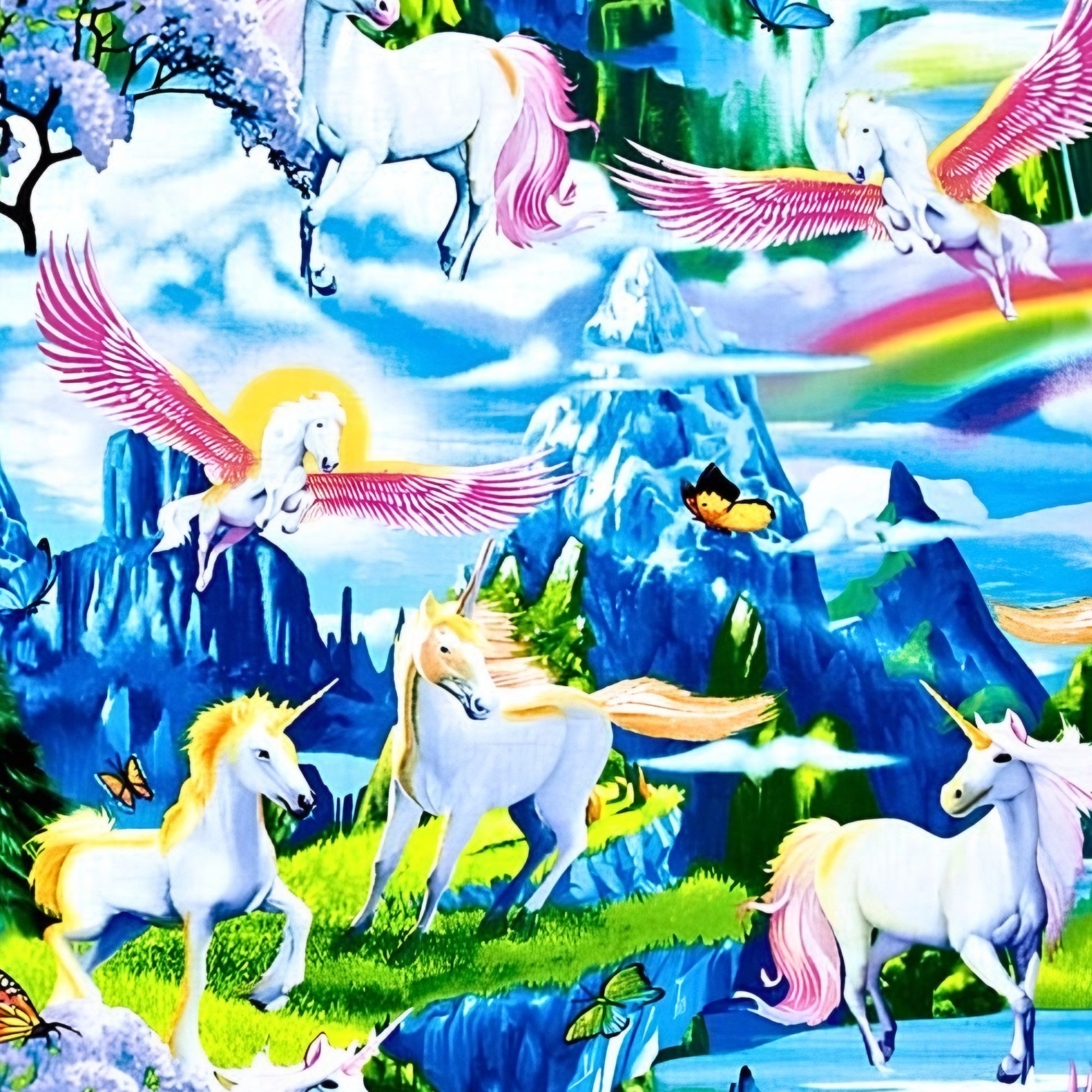 White unicorn pink pegasus fantasy landscape blue mountains waterfalls cherry blossom rainbows butterflies multicolour fabric for girls quilts and kids sewing projects