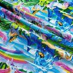 White unicorn pink pegasus fantasy landscape blue mountains waterfalls cherry blossom rainbows butterflies multicolour fabric for girls quilts and kids sewing projects