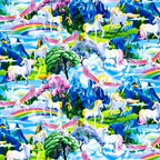 White unicorn pink pegasus fantasy landscape blue mountains waterfalls cherry blossom rainbows butterflies multicolour fabric for girls quilts and kids sewing projects