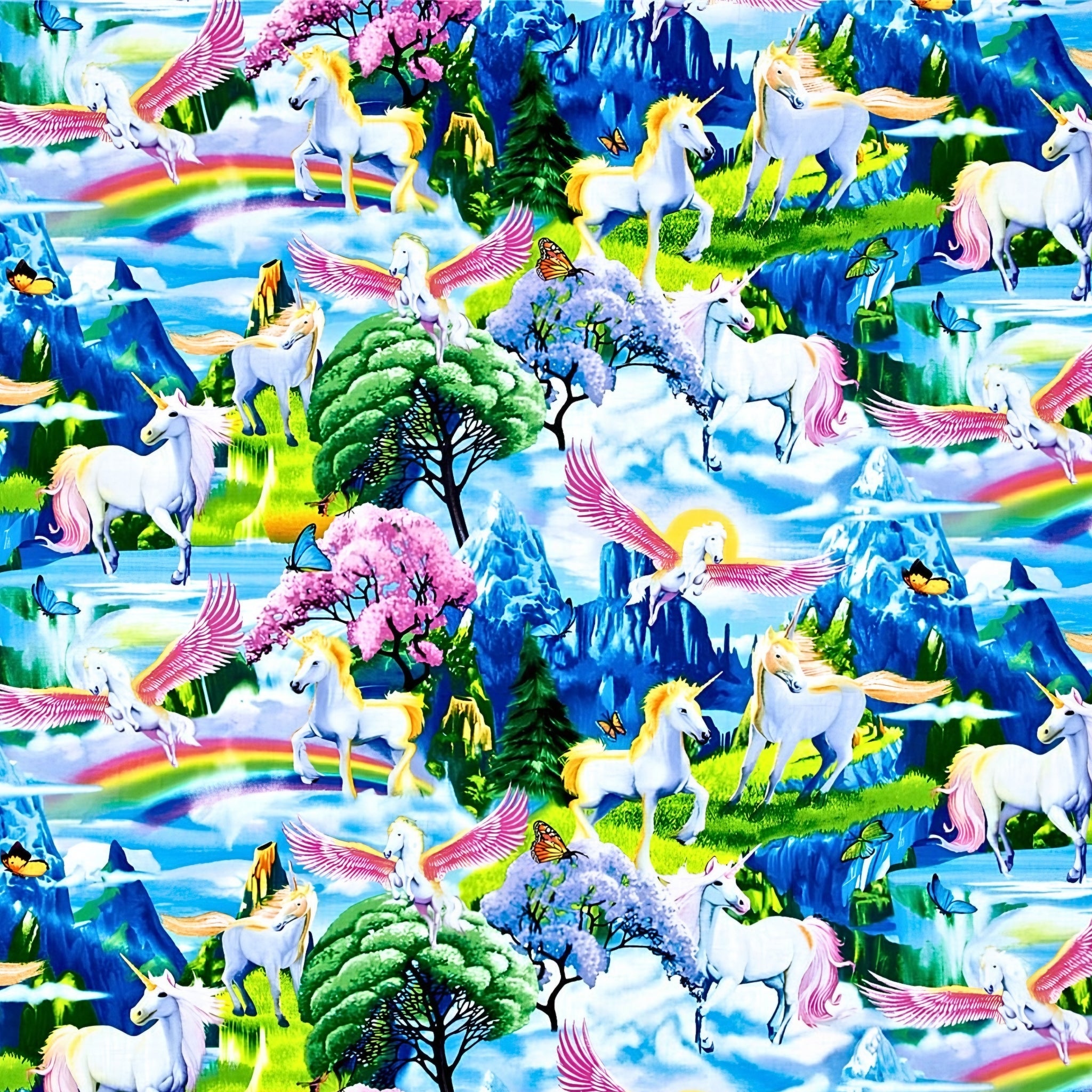 White unicorn pink pegasus fantasy landscape blue mountains waterfalls cherry blossom rainbows butterflies multicolour fabric for girls quilts and kids sewing projects