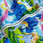White unicorn pink pegasus fantasy landscape blue mountains waterfalls cherry blossom rainbows butterflies multicolour fabric for girls quilts and kids sewing projects