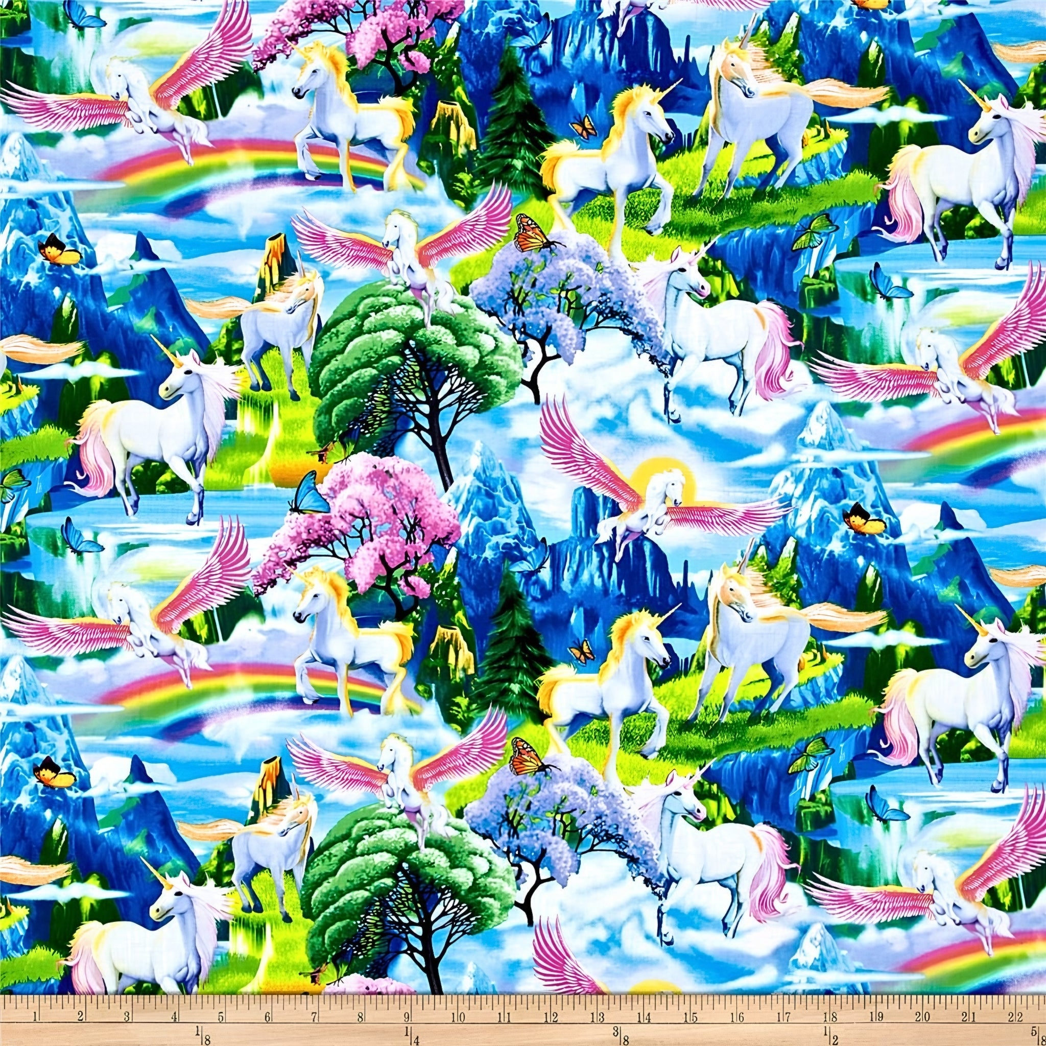 White unicorn pink pegasus fantasy landscape blue mountains waterfalls cherry blossom rainbows butterflies multicolour fabric for girls quilts and kids sewing projects