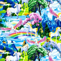 White unicorn pink pegasus fantasy landscape blue mountains waterfalls cherry blossom rainbows butterflies multicolour fabric for girls quilts and kids sewing projects