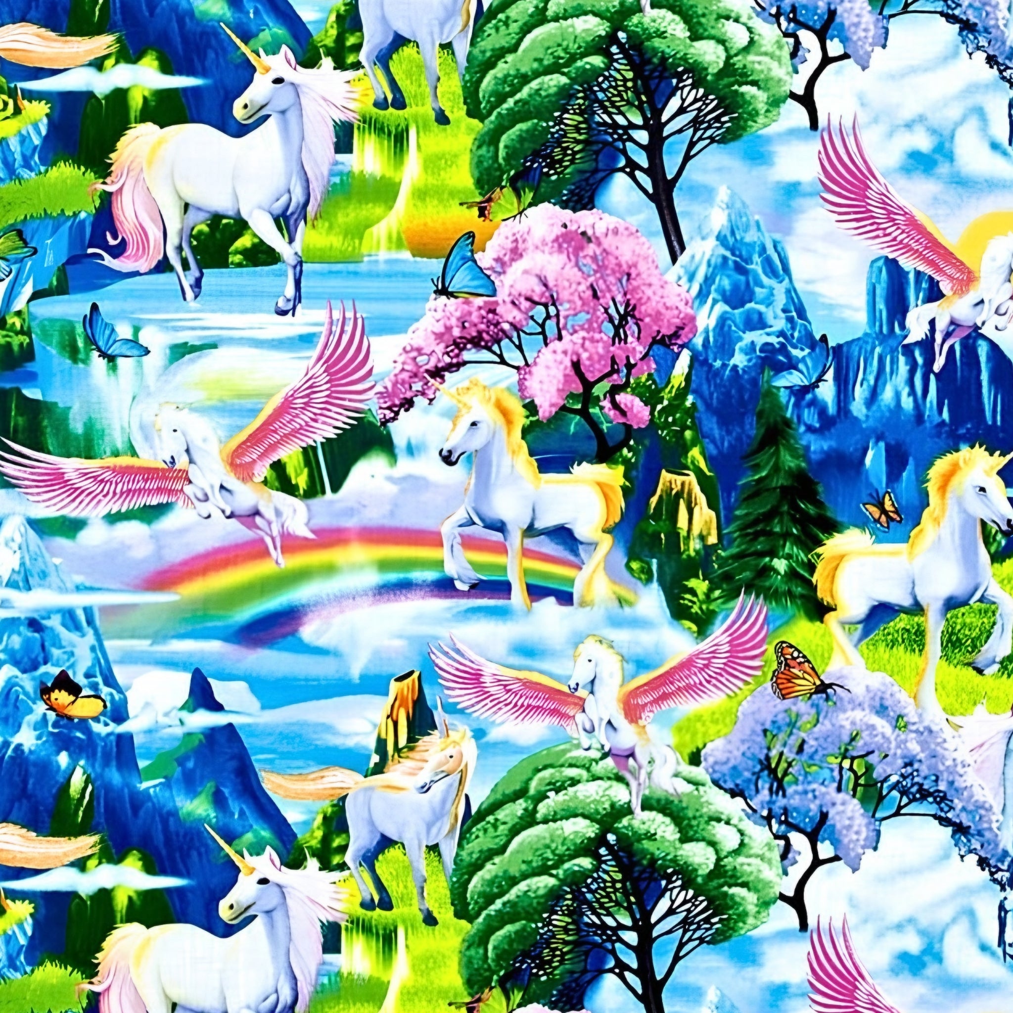 White unicorn pink pegasus fantasy landscape blue mountains waterfalls cherry blossom rainbows butterflies multicolour fabric for girls quilts and kids sewing projects