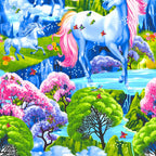 White unicorn pink pegasus fantasy landscape rainbow blue mountains waterfalls cherry blossom butterflies panel fabric for girls quilts and wall hangings