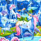 White unicorn pink pegasus fantasy landscape rainbow blue mountains waterfalls cherry blossom butterflies panel fabric for girls quilts and wall hangings