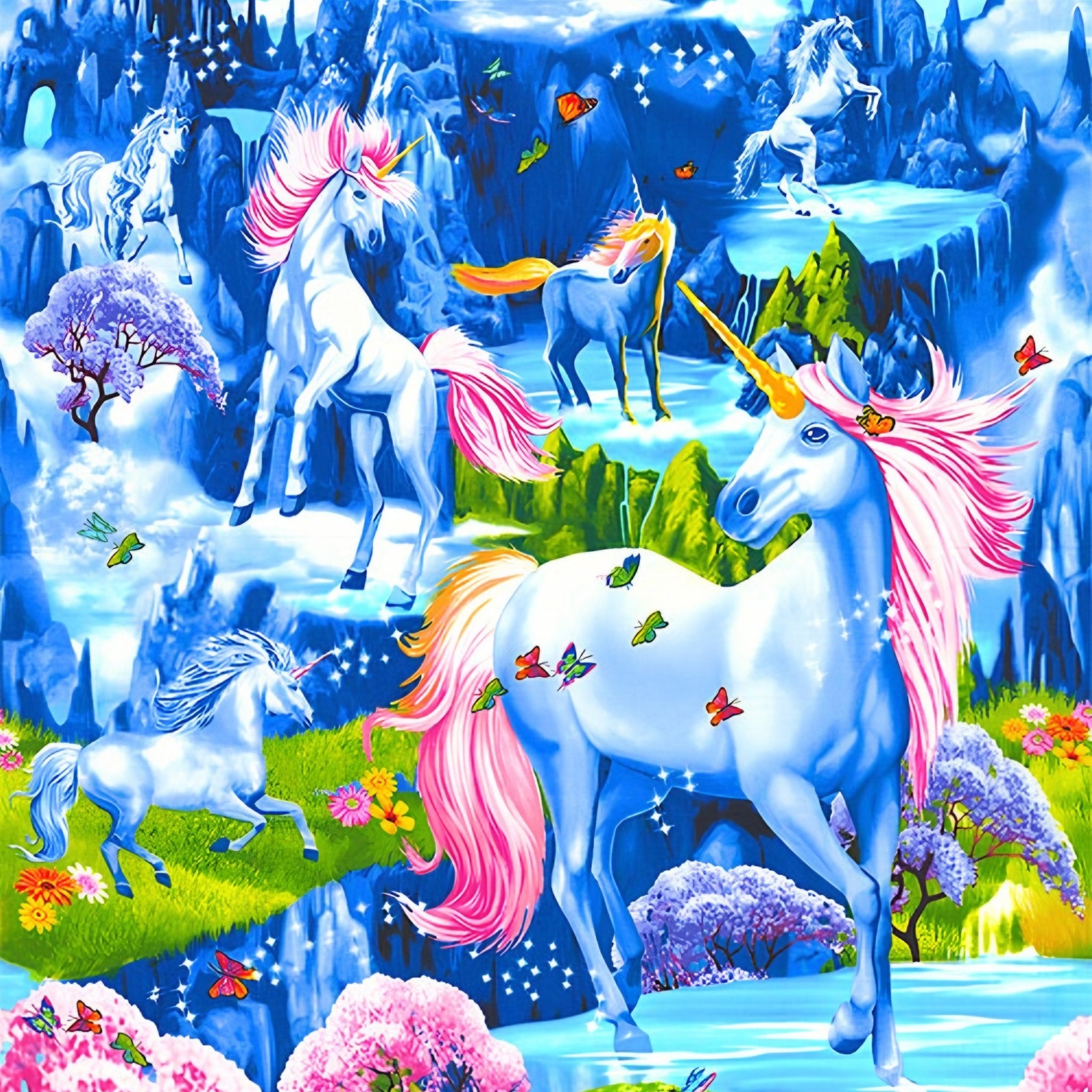 White unicorn pink pegasus fantasy landscape rainbow blue mountains waterfalls cherry blossom butterflies panel fabric for girls quilts and wall hangings