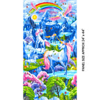 White unicorn pink pegasus fantasy landscape rainbow blue mountains waterfalls cherry blossom butterflies panel fabric for girls quilts and wall hangings