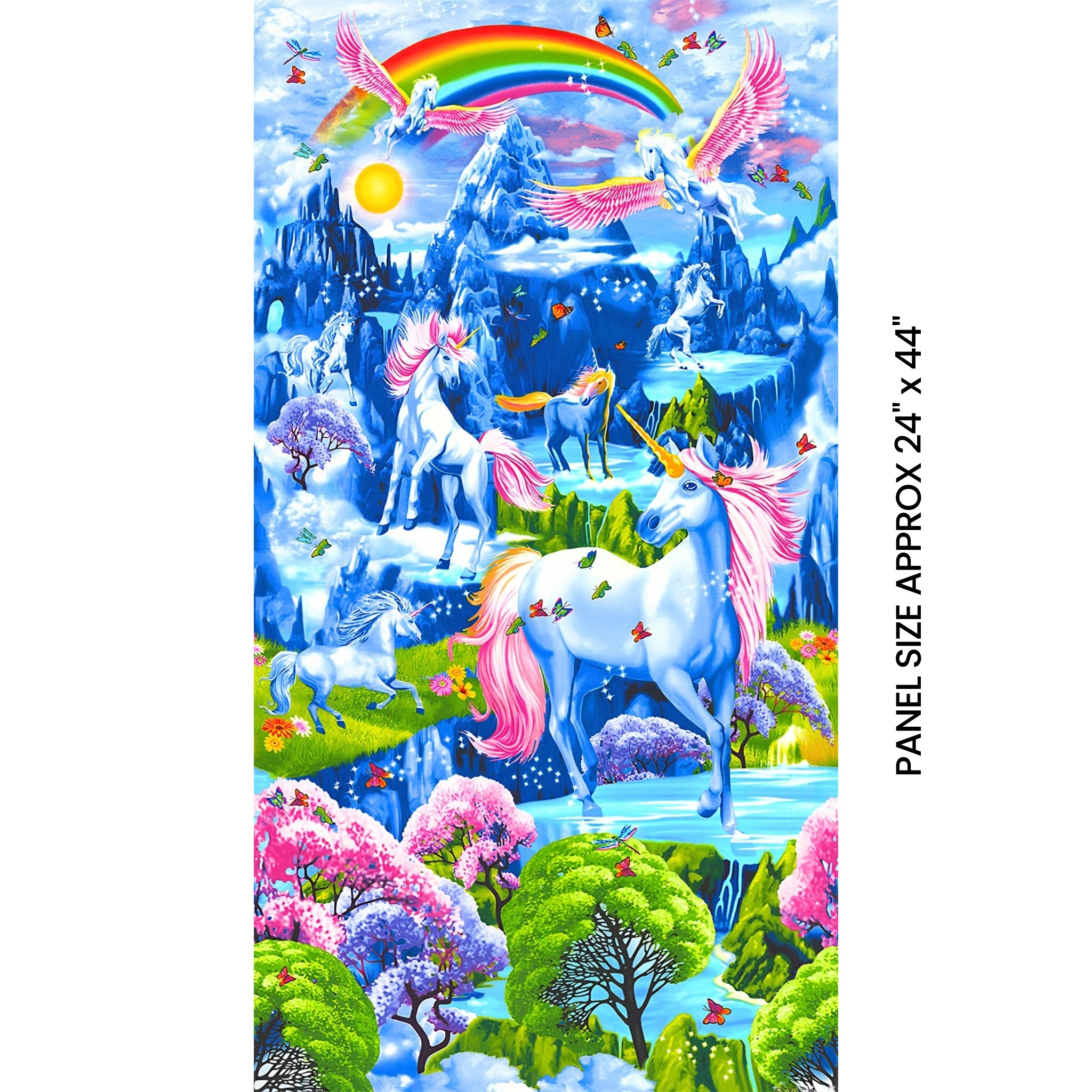 White unicorn pink pegasus fantasy landscape rainbow blue mountains waterfalls cherry blossom butterflies panel fabric for girls quilts and wall hangings