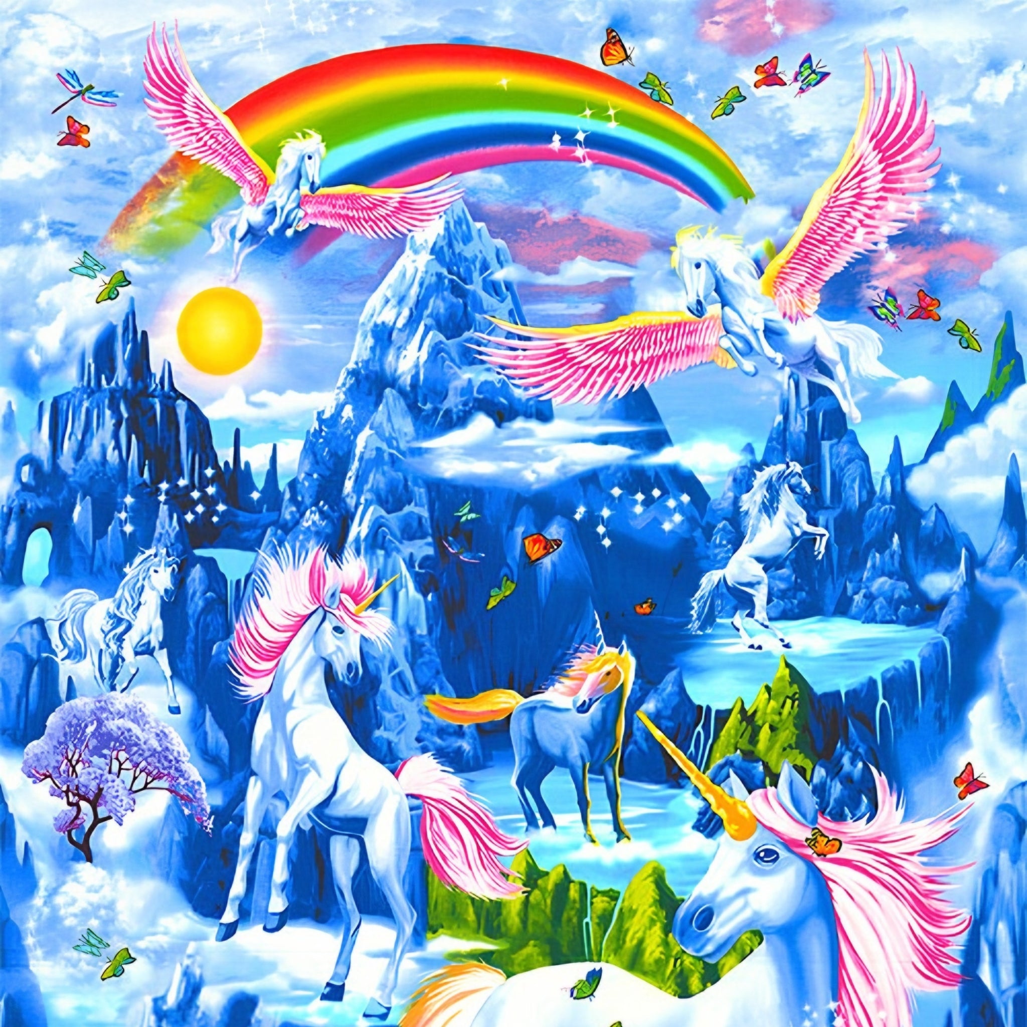 White unicorn pink pegasus fantasy landscape rainbow blue mountains waterfalls cherry blossom butterflies panel fabric for girls quilts and wall hangings