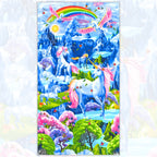 White unicorn pink pegasus fantasy landscape rainbow blue mountains waterfalls cherry blossom butterflies panel fabric for girls quilts and wall hangings