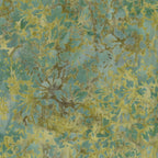 Teal and yellow-green damask batik quilting fabric organic leafy pattern for nature quilts patchwork and sewing projects