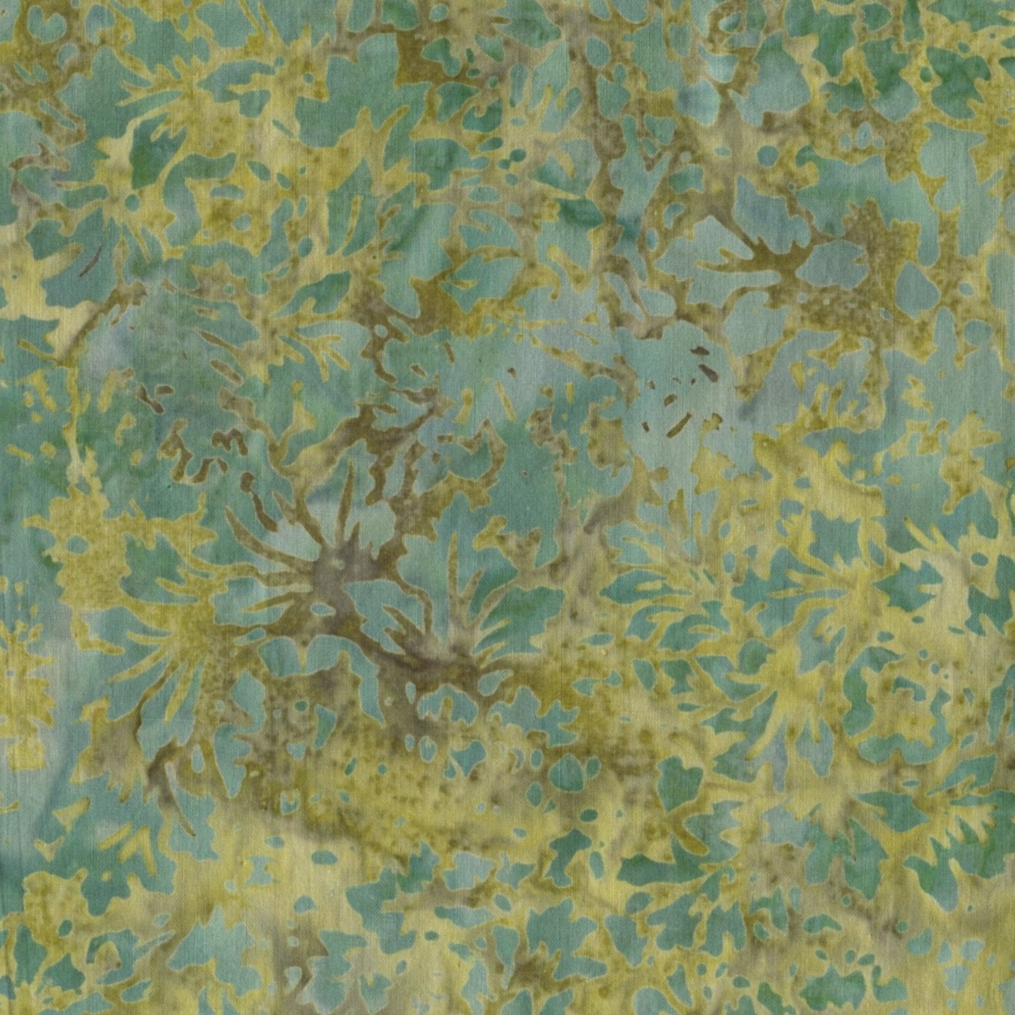 Teal and yellow-green damask batik quilting fabric organic leafy pattern for nature quilts patchwork and sewing projects