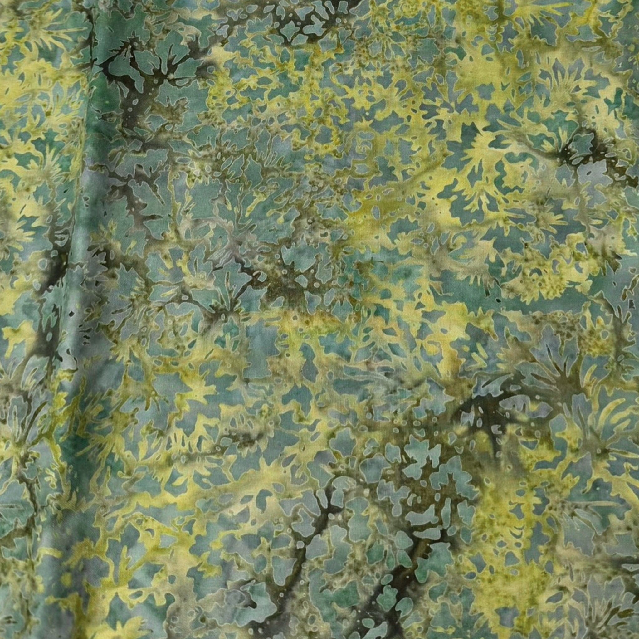 Teal and yellow-green damask batik quilting fabric organic leafy pattern for nature quilts patchwork and sewing projects
