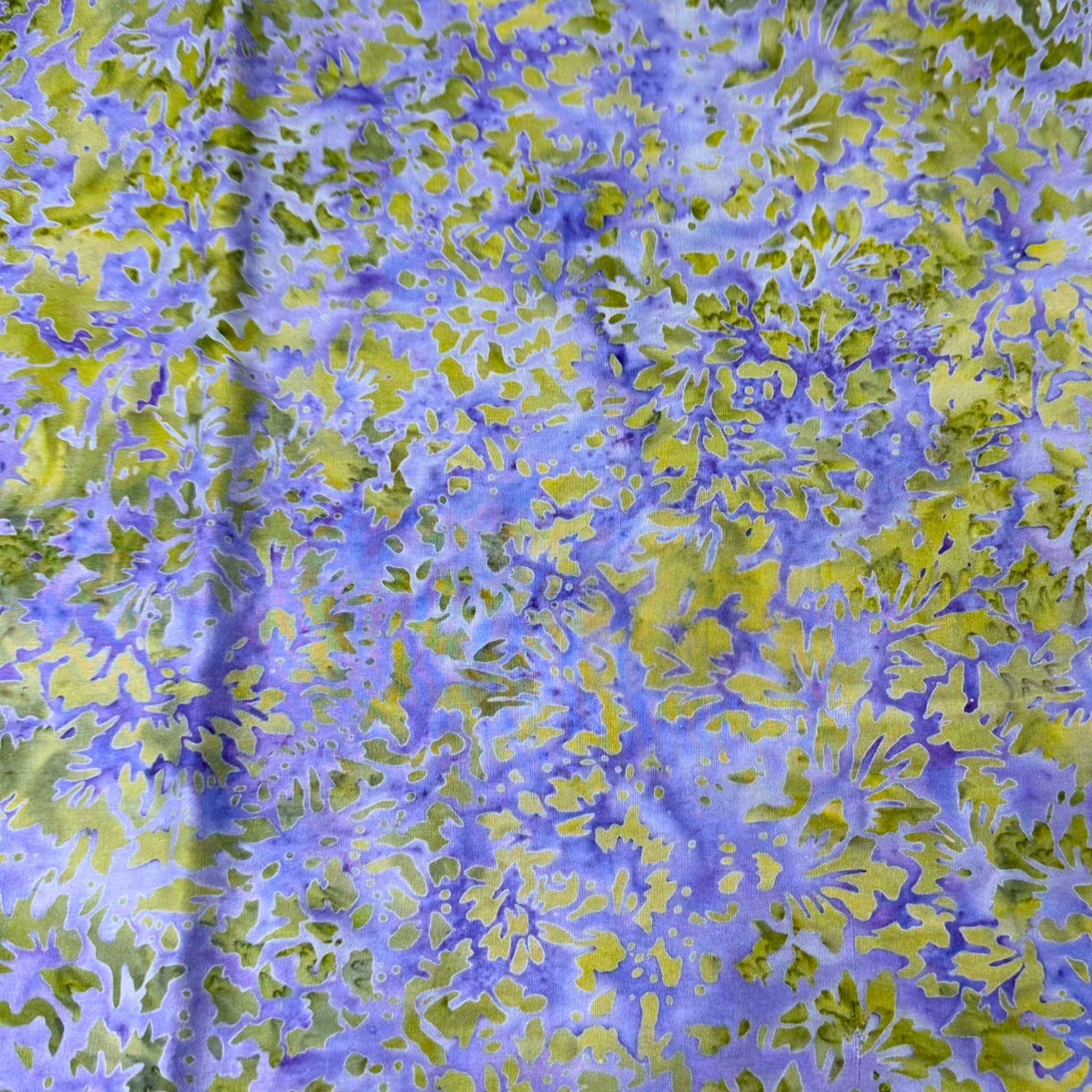 Blue purple olive green damask batik quilting fabric organic leafy pattern for nature quilts and patchwork projects