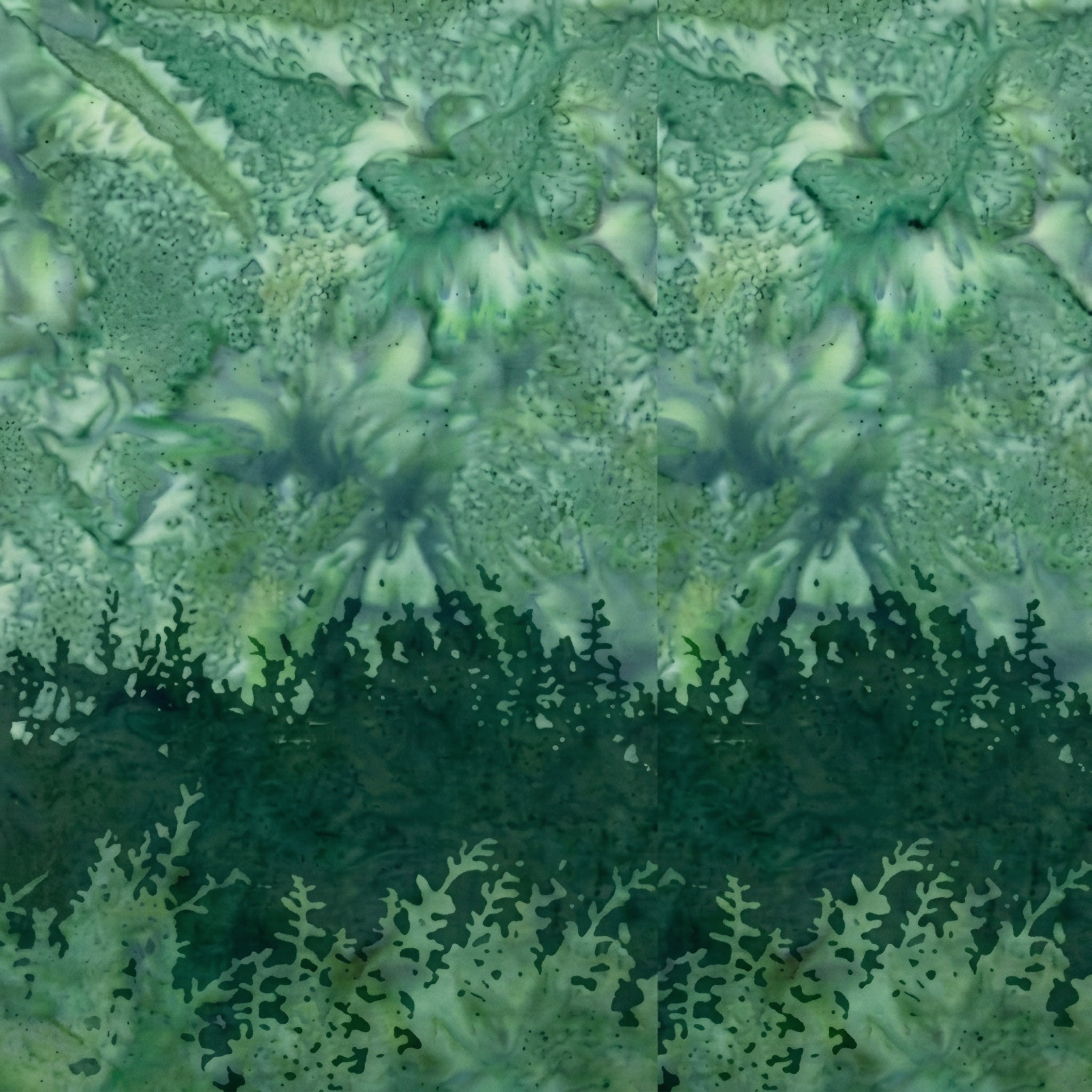 Deep teal green pale mint botanical silhouette double border batik quilting fabric for quilt borders and nature patchwork