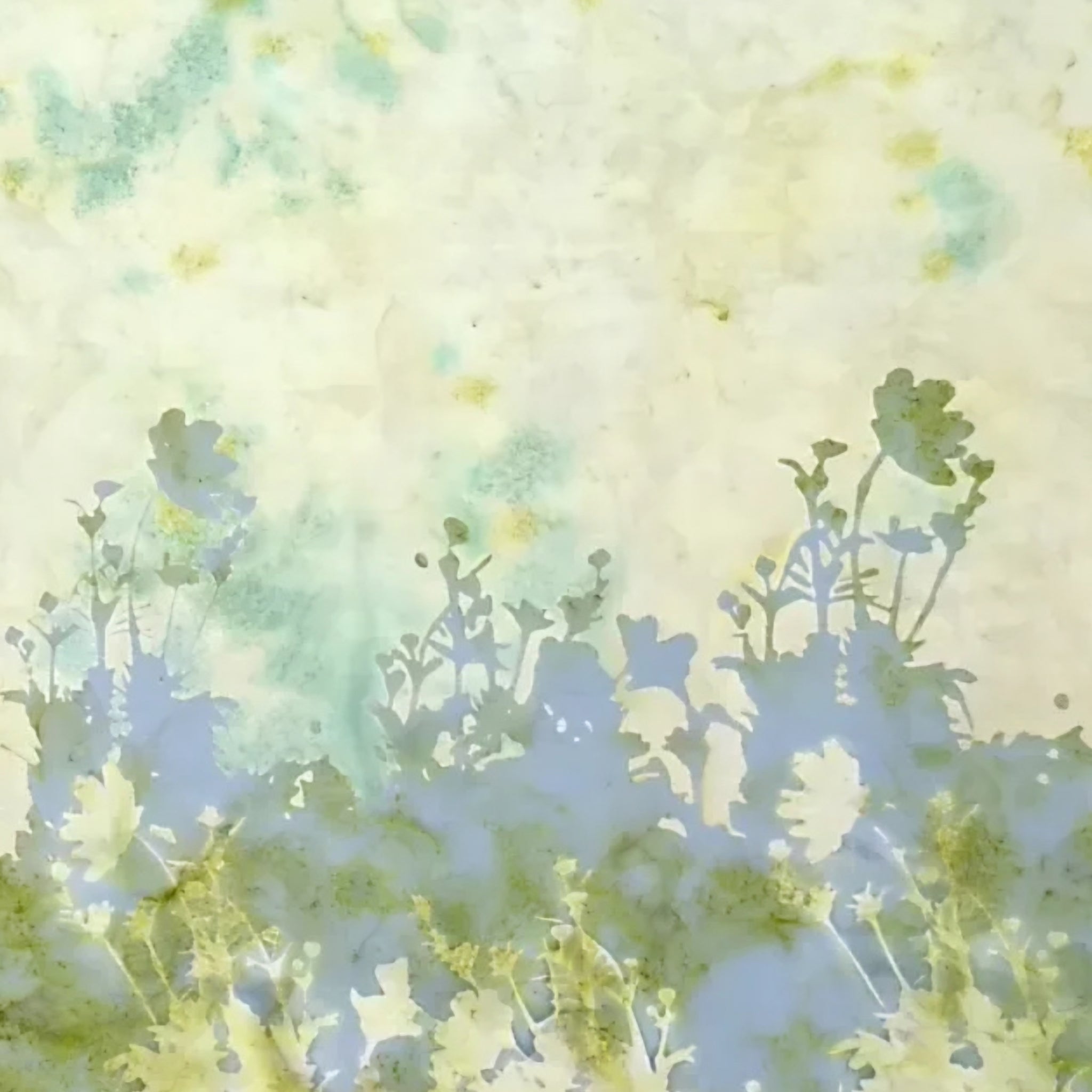 Cream yellow green blue grey botanical silhouette double border batik quilting fabric for quilt borders and nature patchwork