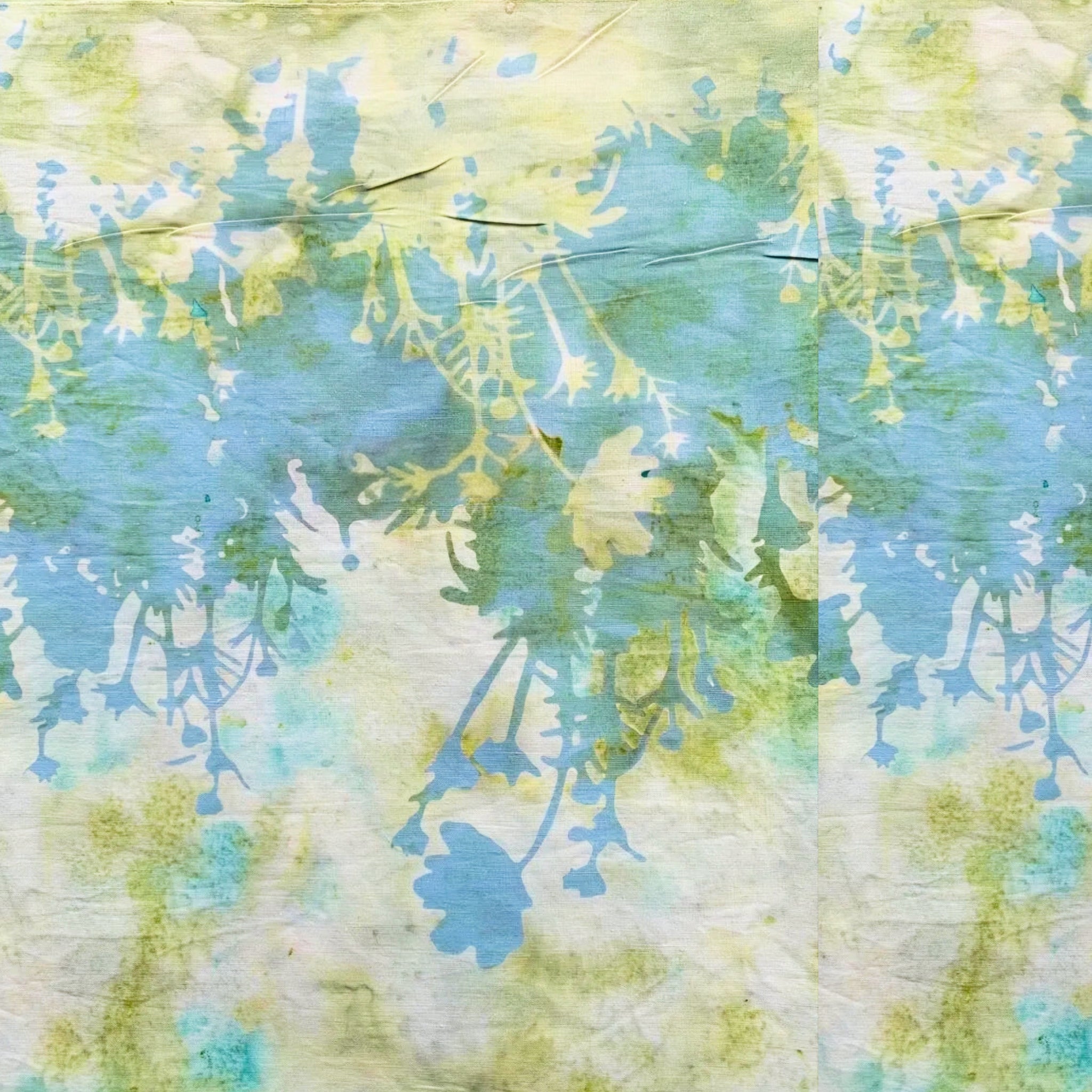 Cream yellow green blue grey botanical silhouette double border batik quilting fabric for quilt borders and nature patchwork