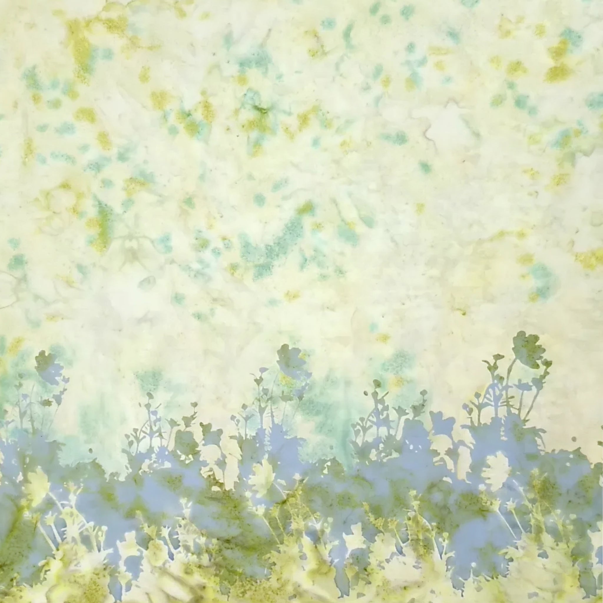 Cream yellow green blue grey botanical silhouette double border batik quilting fabric for quilt borders and nature patchwork